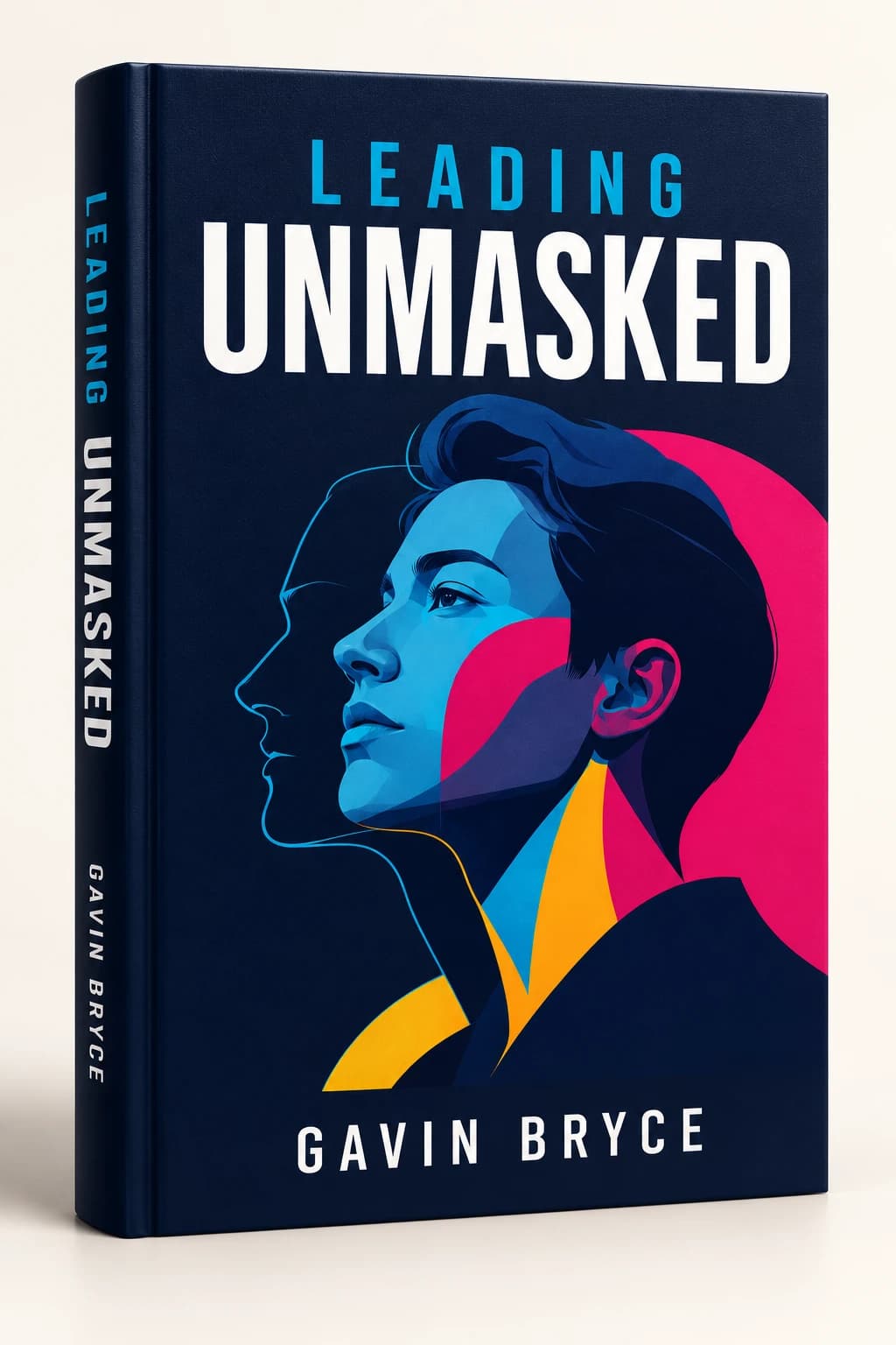 Concept cover for Leading Unmasked by Gavin Bryce, featuring a geometric portrait and an outlined second profile